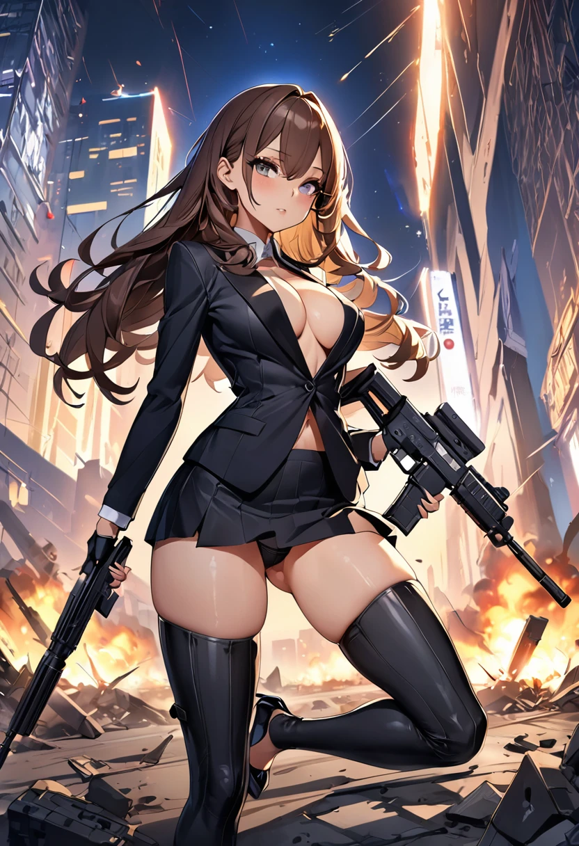 masterpiece、highest quality、Ultra-high resolution、Maximum resolution、Very detailed、Professional Lighting、anime、woman、thin、so beautiful、Sexy Suit、Mini tight skirt、High heels，Has an assault rifle、Grey Eyes、Brown Hair、long hair、Fingerless gloves、Equipped with shooting glasses、Alone on the battlefield、