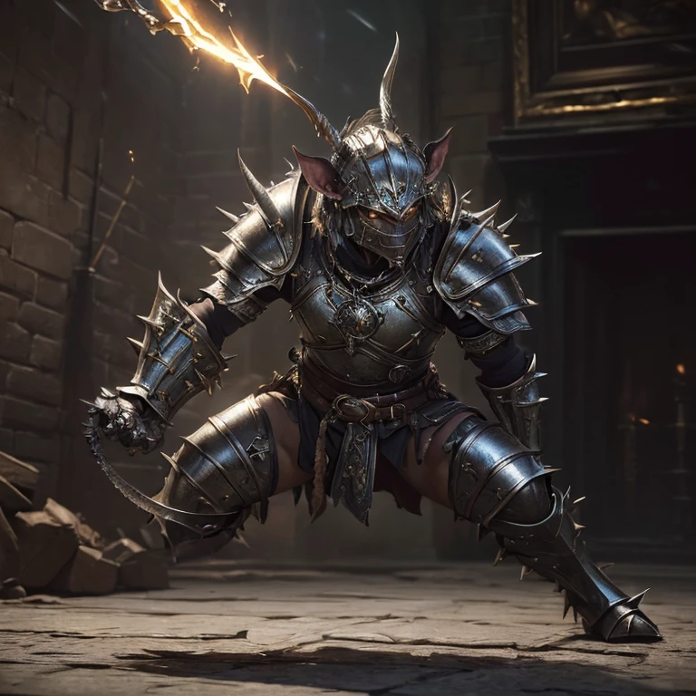 (master piece:1.5), (best quality:1.5), (exquisite lighting and shadow, highly dramatic picture, cinematic lens effect) (Photorealistic picture) (Card game image) 8k, wallpaper, dynamic pose, a big ears shorty goblin warrior wearing a pointy and damaged silver armor with spikes, highly detailed, realistic, cinematic lighting, studio quality

