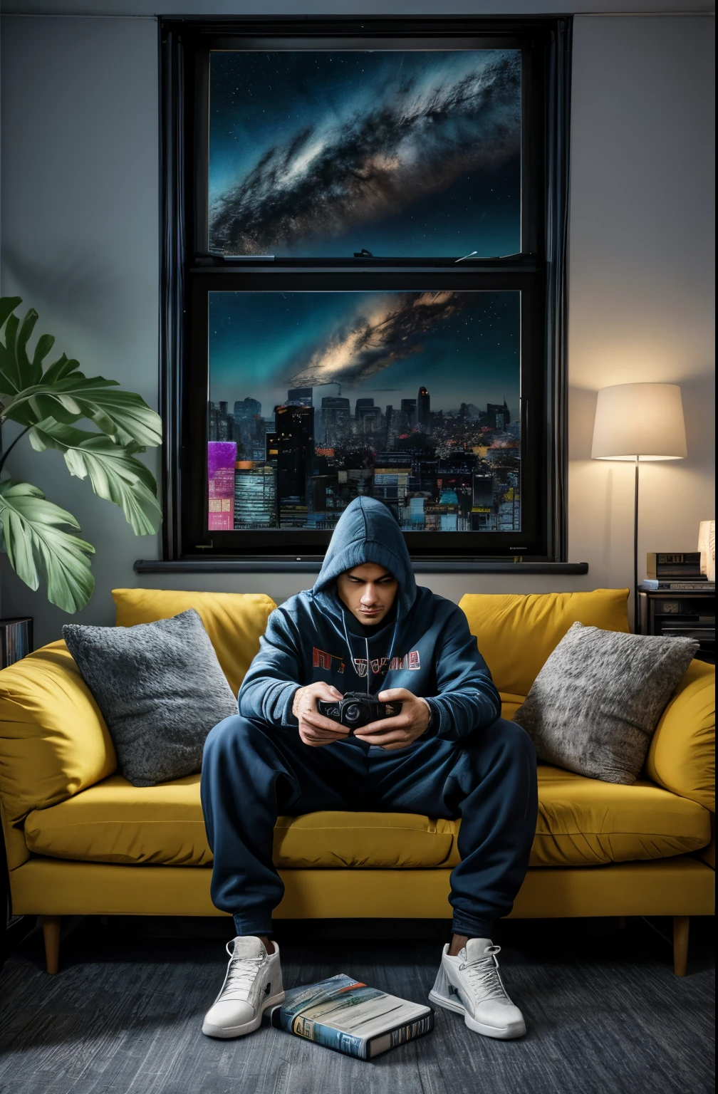 beste-Qualit, 1man, solo, Hot, grown up, hair light, deep, Detailed eyes, Cool hair, piercing eyes, the perfect body, 25 years, Sexual, winning, sitting, Window, video game console, Monitor screen, tv set, Videotapes, VCR, earphones, tape recorder, skateboard, electric guitar, cars, View from the window, night city, neon lights, the panorama, a starry sky, galactic, motley, Full color, феерверк, Sofa, Playful, living room, Cosy, cheery, posters, pillows, blankets, lava lamp, a table, chair, cozy atmosphere, bright colours, soft pastels, Plants, Books, novels, Marvel figurines, posters, PICTURES, posters, wall scrolls, Stickers, Ornaments, bed, blankets, pillows, warm blankets, comfortable clothes, casual wear, Hip-hop apparel, hoody, sweatpants, briefs, tshirt, t shirt, ankle socks, sneakers, curvy legs