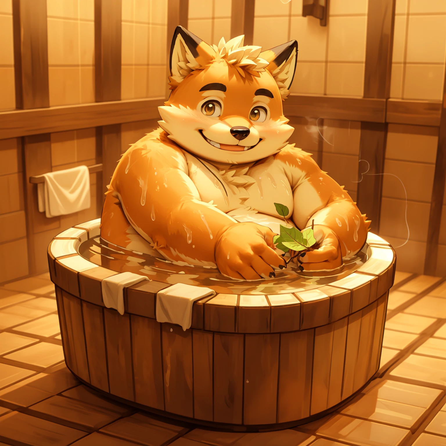 New Jersey 5 Furry，fox，Personal portrait,Exquisite，Chubby，Topless，Orange plush fur，Cute face，Black eyebrows，child，Fig Leaf，bathhouse，Wooden floor，bath，steam，Smile
