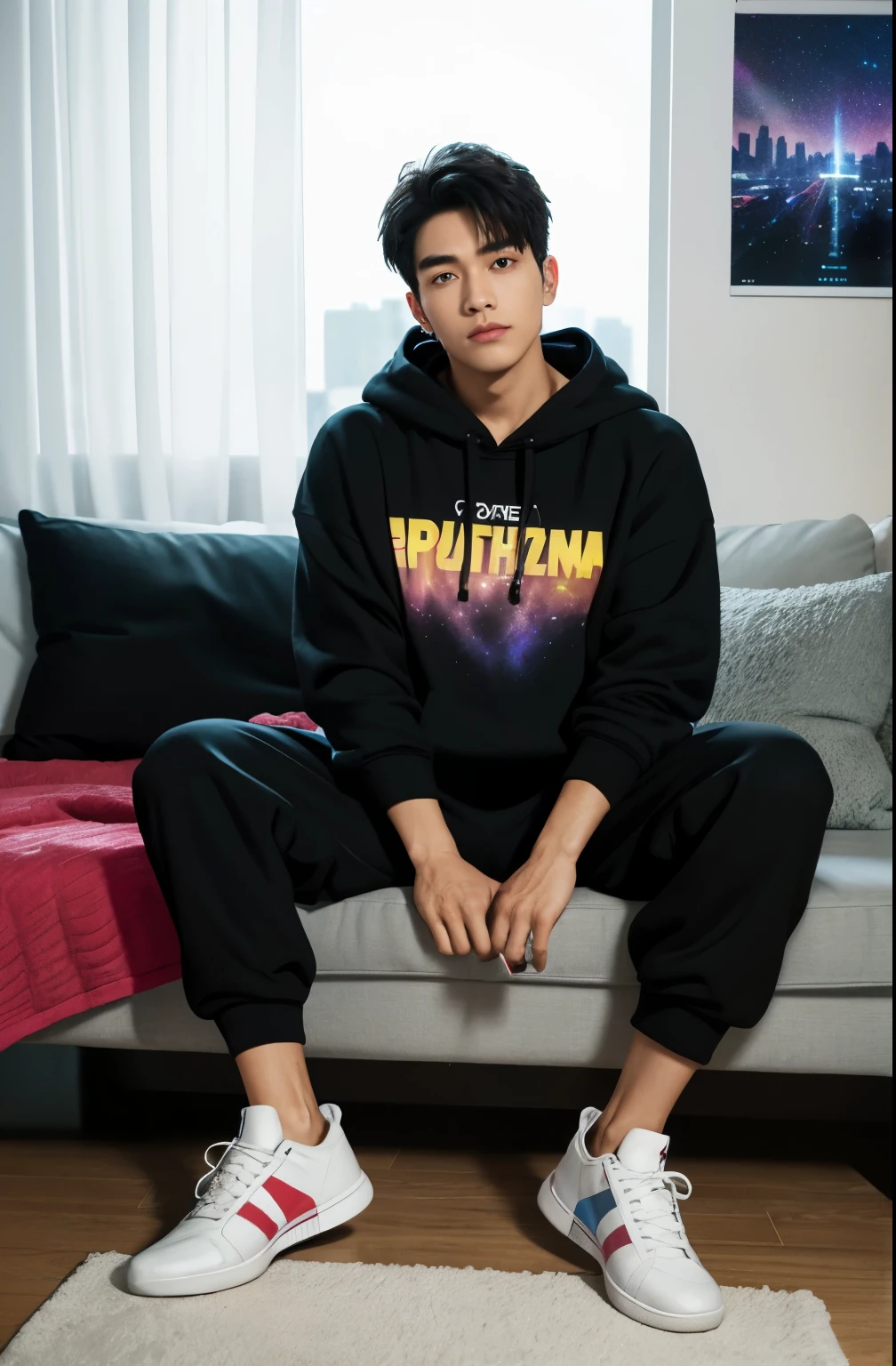 beste-Qualit, 1man, solo, Hot, grown up, hair light, deep, Detailed eyes, Cool hair, piercing eyes, the perfect body, 25 years, Sexual, winning, sitting, Window, video game console, Monitor screen, tv set, Videotapes, VCR, earphones, tape recorder, skateboard, electric guitar, cars, View from the window, night city, neon lights, the panorama, a starry sky, galactic, motley, Full color, феерверк, Sofa, Playful, living room, Cosy, cheery, posters, pillows, blankets, lava lamp, a table, chair, cozy atmosphere, bright colours, soft pastels, Plants, Books, novels, Marvel figurines, posters, PICTURES, posters, wall scrolls, Stickers,  Ornaments, bed, blankets, pillows, warm blankets, comfortable clothes, casual wear, Hip-hop apparel, hoody, sweatpants, briefs, tshirt, t shirt, ankle socks, sneakers, curvy legs