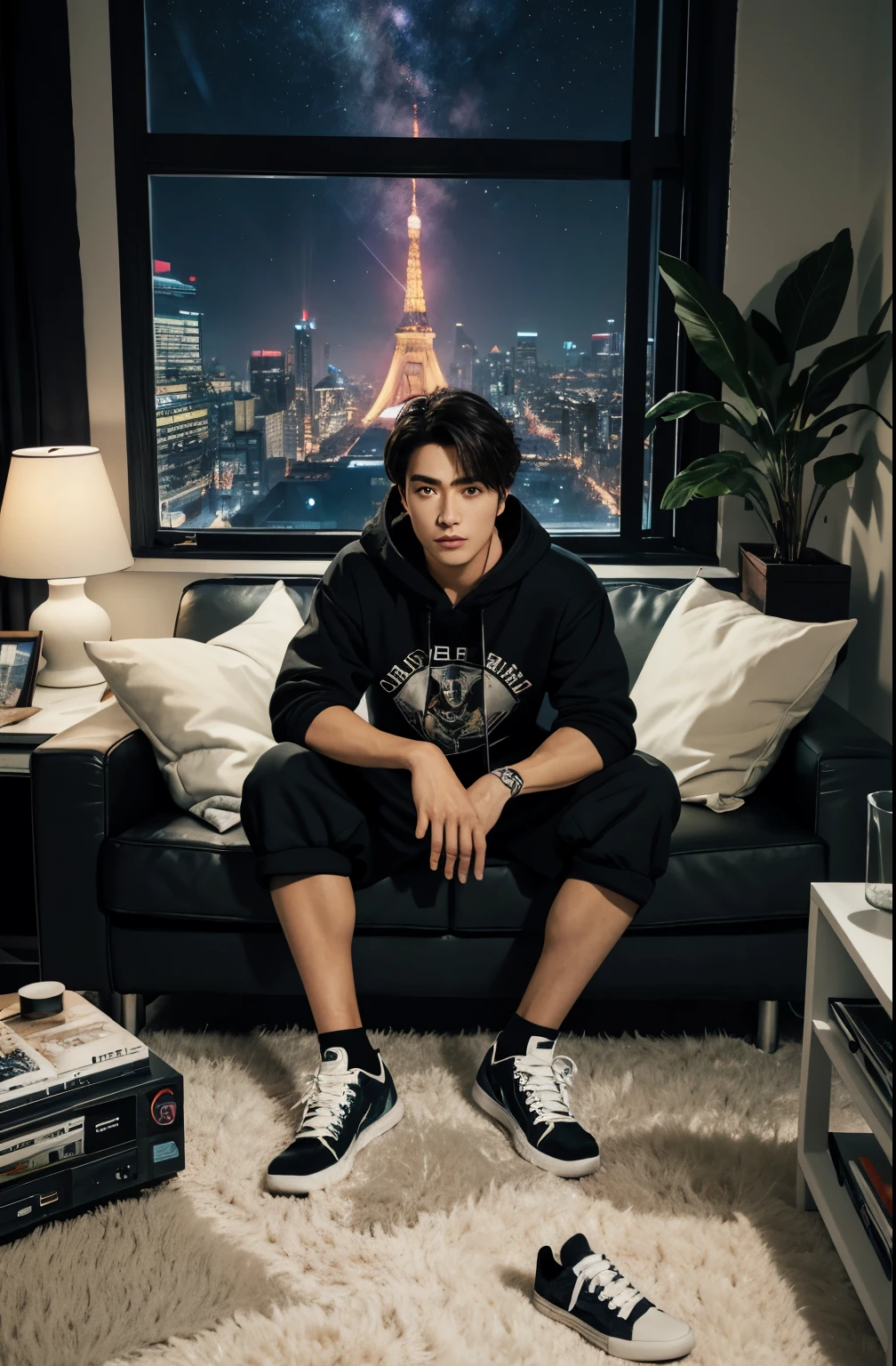 beste-Qualit, 1man, solo, Hot, grown up, hair light, deep, Detailed eyes, Cool hair, piercing eyes, the perfect body, 25 years, Sexual, winning, sitting, Window, video game console, Monitor screen, tv set, Videotapes, VCR, earphones, tape recorder, skateboard, electric guitar, cars, View from the window, night city, neon lights, the panorama, a starry sky, galactic, motley, Full color, феерверк, Sofa, Playful, living room, Cosy, cheery, posters, pillows, blankets, lava lamp, a table, chair, cozy atmosphere, bright colours, soft pastels, Plants, Books, novels, Marvel figurines, posters, PICTURES, posters, wall scrolls, Stickers, Ornaments, bed, blankets, pillows, warm blankets, comfortable clothes, casual wear, Hip-hop apparel, hoody, sweatpants, briefs, tshirt, t shirt, ankle socks, sneakers, curvy legs