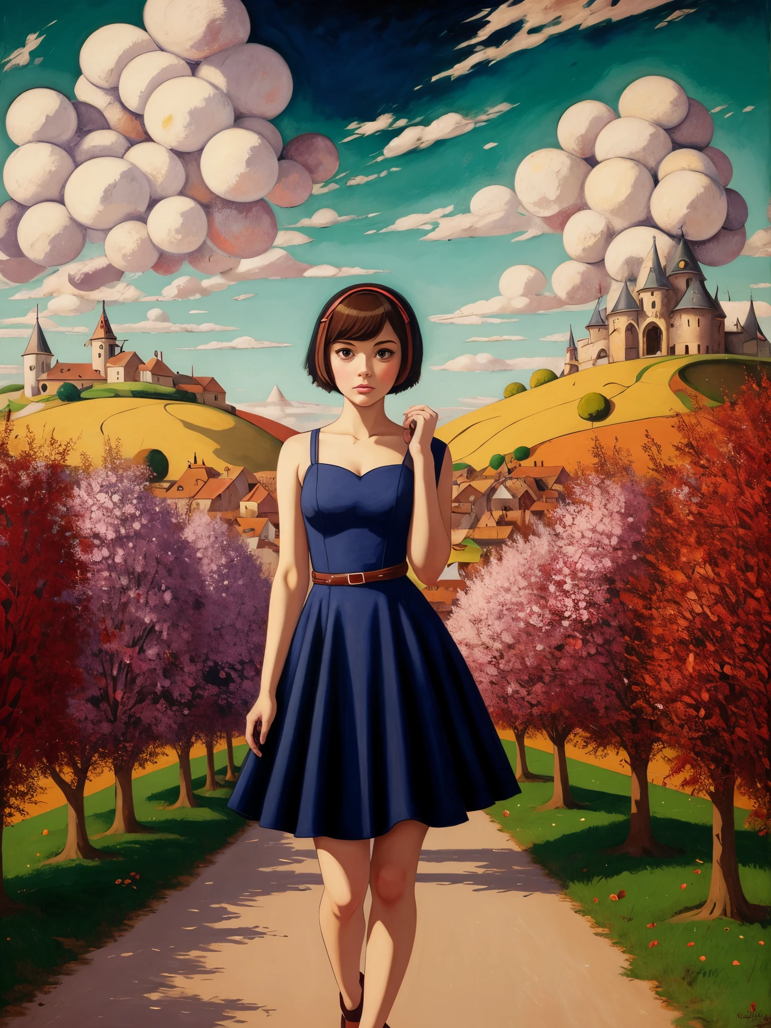 [[(front full body strong!! portrait:1girl ((solo)) with big eyes and a short hair oblique bob)((Ilya-Kuvshinov style)),comic art [((sport dress Marc Chagall style)])):20]/[background:landscape [[white] birchpunk [red] apples],
 Renaissance+Baroque, old canva, (scarlet sunset), ((style Hieronymus-Bosch))]/[very colorful,((oil painting palette))((masterpiece))]]