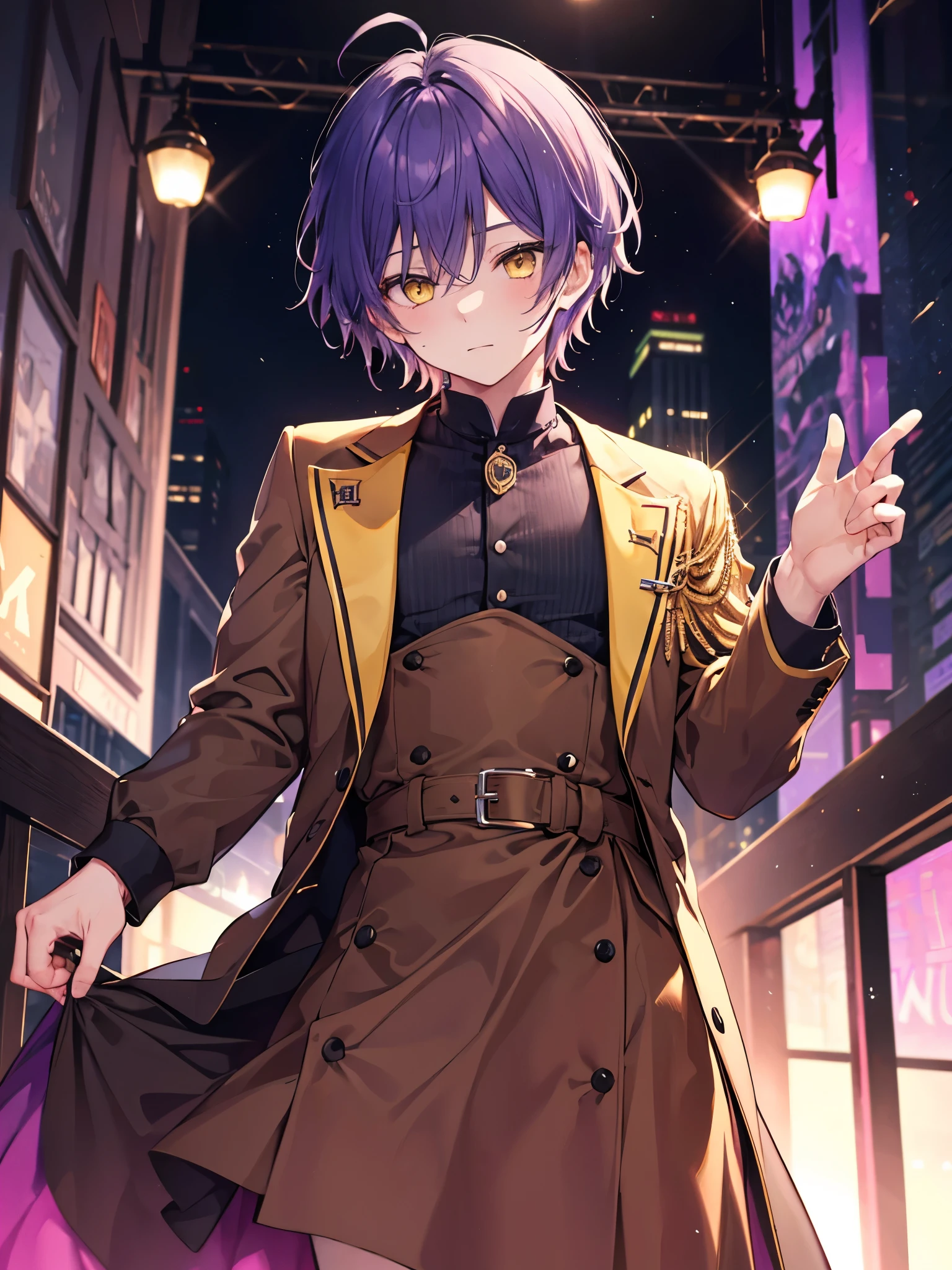 1boy, violet hair, beautiful boy, yellow eyes, dress, idol costume, brown clothes