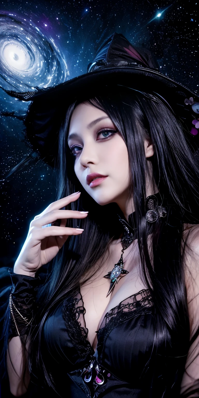 Noir painting of a beautiful young witch, Long purple hair, Rich purple lips, evil, evil female, smile, Black Prom Dress, She is coming to you, Close-up, Bright Blue Eyes, Surrounded by swirling pink smoke, Genuine, Attention to detail, highest quality