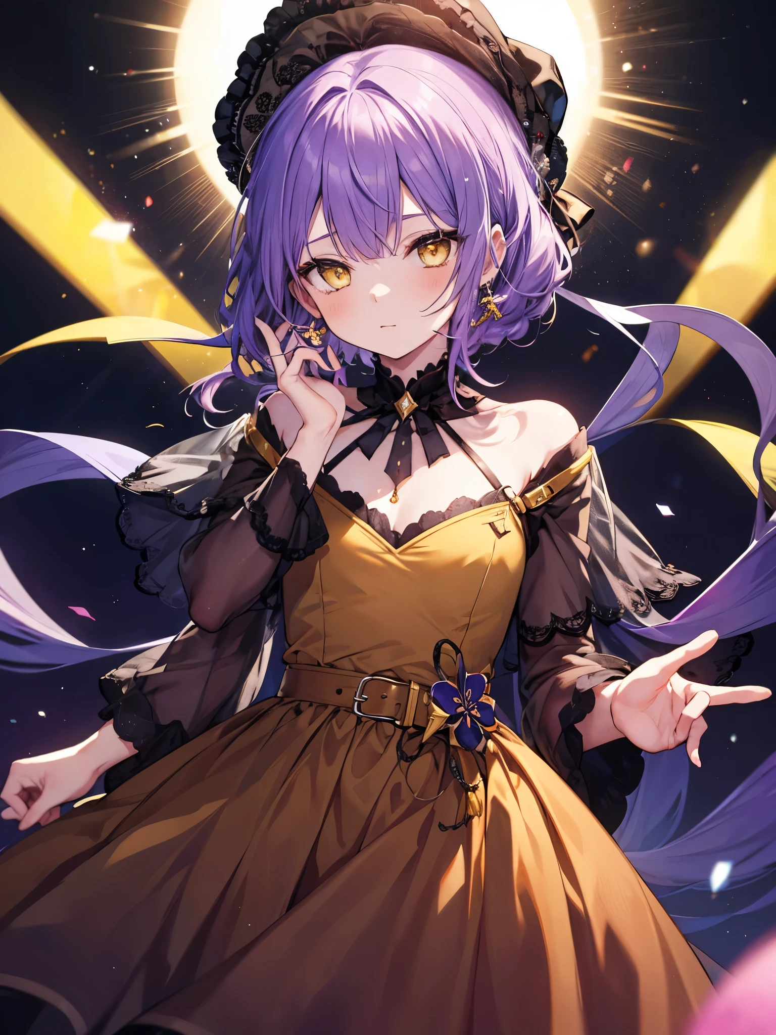 1boy, violet hair, beautiful boy, yellow eyes, dress, idol costume, brown clothes