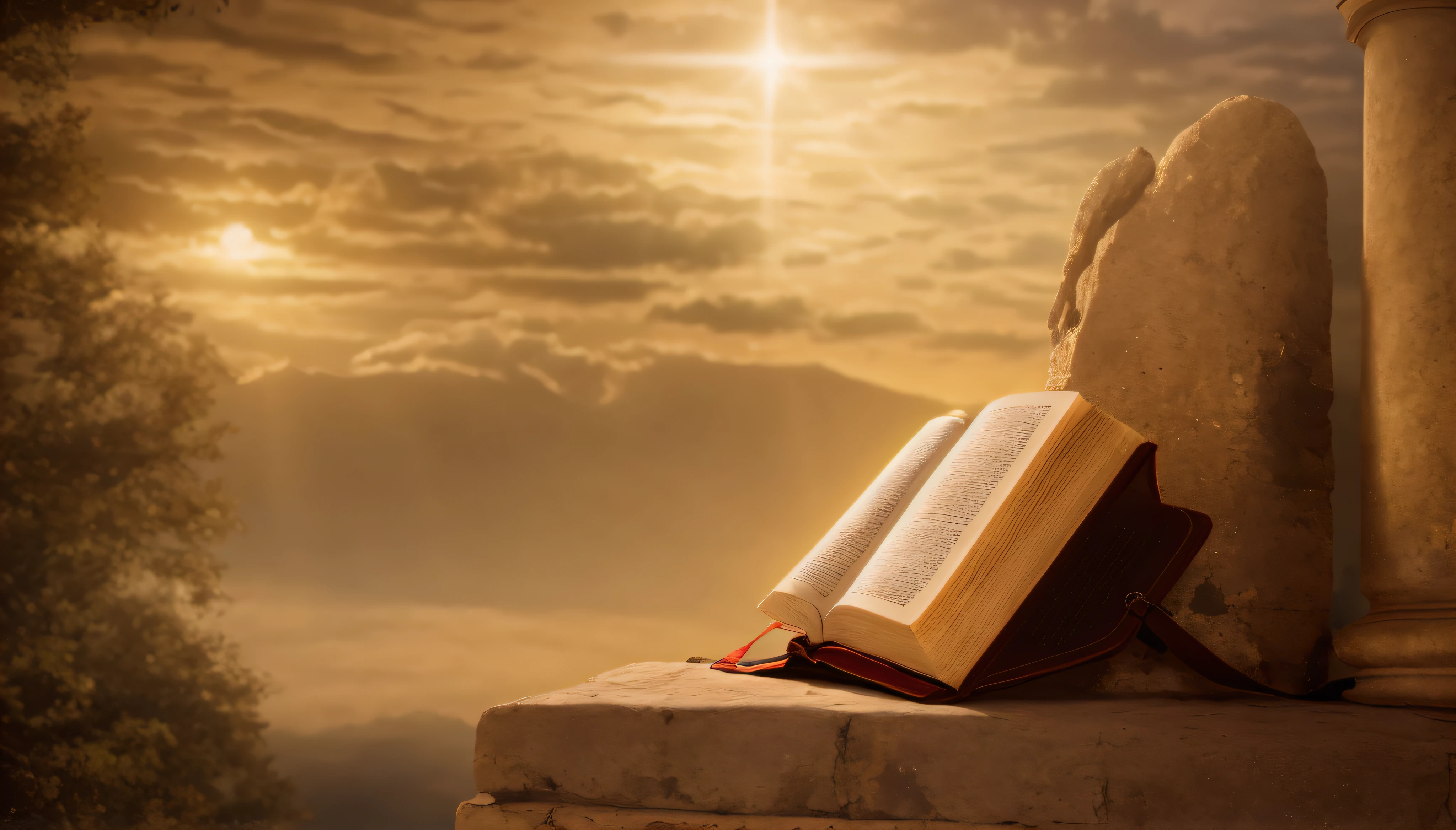 There's a book that's sitting on a ledge, ilustração da Bible, Bible, Antigo Testamento, biblical image, religioso, imagens religiosas, O Senhor e Salvador, imagem de alta qualidade", biblical, luz solar brilhante, bem editado, foto tirada, Dirigido por: Kurt Roesch, Luz gloriosa, Dirigido por: Joseph Werner, reconfortante e familiar, Obra-prima da luz brilhante, radiant morning light, imagem de alta qualidade