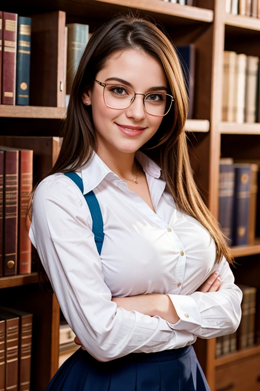 une femme de 25 ans, sexy, romantic smile, HD, 8k, masterpiece, a lot of details, school girl outfit, in a library, glasses