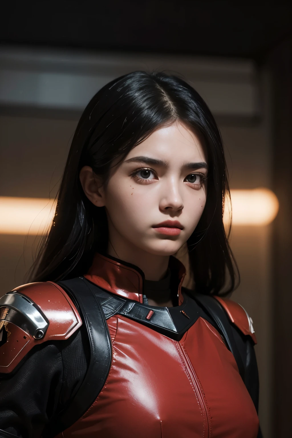 Upper body close-up image. A beautiful woman. Twenty years old. Black hair. She wears a red metallic battle uniform. She is looking at the camera with a tense expression on her face. She holds a small ray gun in one hand. She is standing in a wasteland reminiscent of Mars.