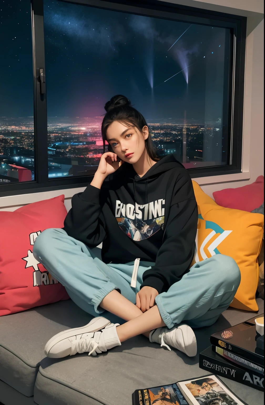 beste-Qualit, 1Woman, solo, Hot, grown up, hair light, deep, Detailed eyes, Cool hair, piercing eyes, the perfect body, 25 years, Sexual, winning, sitting, Window, video game console, Monitor screen, tv set, Videotapes, VCR, earphones, tape recorder, skateboard, electric guitar, cars, View from the window, night city, neon lights, the panorama, a starry sky, galactic, motley, Full color, феерверк, Sofa, Playful, living room, Cosy, cheery, posters, pillows, blankets, lava lamp, a table, chair, cozy atmosphere, bright colours, soft pastels, Plants, Books, novels, Marvel figurines, posters, PICTURES, posters, wall scrolls, Stickers, Ornaments, bed, blankets, pillows, warm blankets, comfortable clothes, casual wear, Hip-hop apparel, hoody, sweatpants, briefs, tshirt, t shirt, ankle socks, sneakers, curvy legs