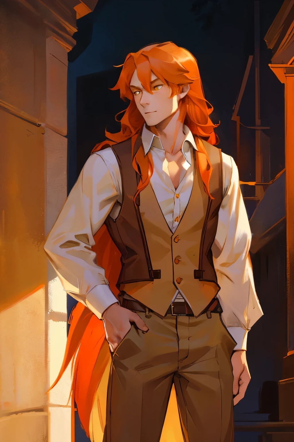 (1adult male, chest long  orange hair, yellow eyes, brown vest white button up, brown pants, lithe, skinny)
