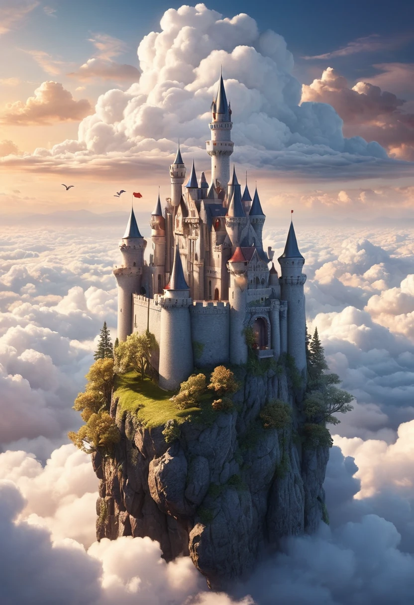 Dream Castle above clouds, (masterpiece, best quality, Professional, perfect composition, very aesthetic, absurdres, ultra-detailed, intricate details:1.3), by joel robison