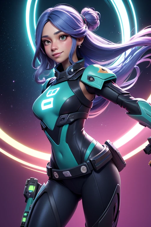 award winning arte digital, retrato de medio cuerpo de una hermosa mujer con una camisa sin mangas de seda rosa y pantalones cargo con un peinado azul marino verde azulado con la cabeza en movimiento y el pelo largo volando, Gran sonrisa, ojos chispeantes, sexy, en un campo de flores, atardecer dorado, dust particles, Brillantina, salpicaduras de pintura, salpicar, outrun, vaporizador, flat shaded illustration, arte digital, tendencia en artstation, Muy detallado, buen detalle, intrincado