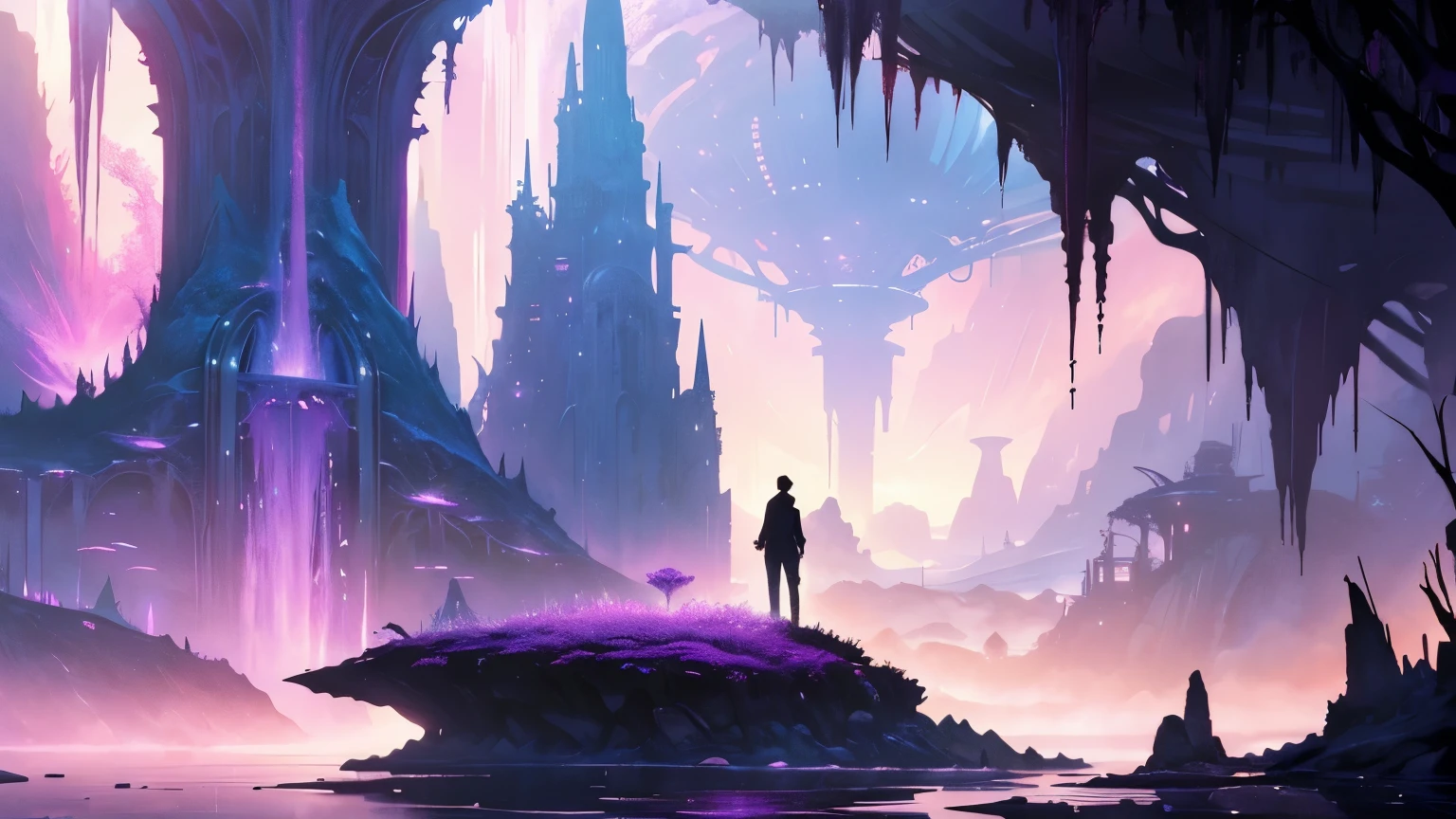 bruce pennington In a dreamlike landscape of floating islands and cascading waterfalls, two men in sleek suits navigate a surreal world filled with vibrant pink and purple flora, their presence a stark contrast to the fantastical surroundings.