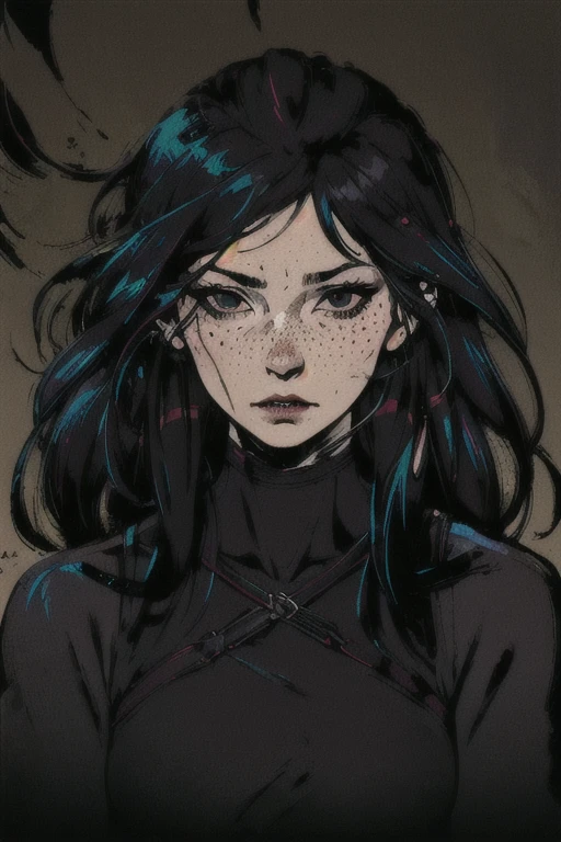soothing tones, muted colors, high contrast, (hyperrealism, soft light, sharp), 1 girl, adult woman, freckles, black eyes, long hair, ,
focus on character, portrait, looking at viewer, solo, half shot, detailed background, vampire theme:1.1), dark expression, peaceful,