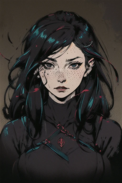 soothing tones, muted colors, high contrast, (hyperrealism, soft light, sharp),  1 girl, adult woman, freckles, black eyes, long hair, ,
focus on character, portrait, looking at viewer, solo,  half shot, detailed background, vampire theme:1.1),   dark expression,    peaceful,