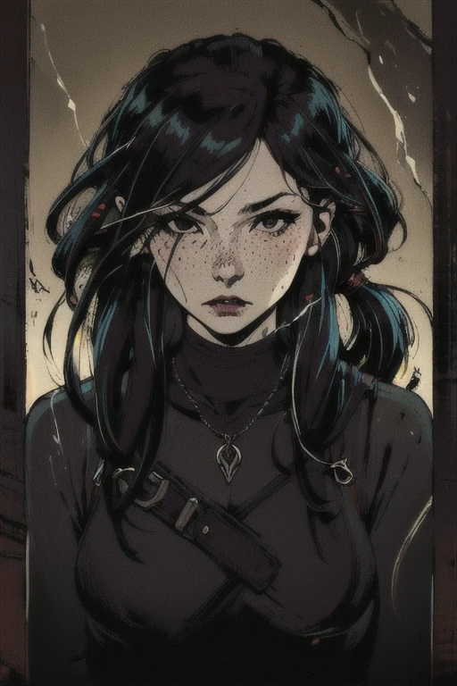 soothing tones, muted colors, high contrast, (hyperrealism, soft light, sharp), 1 girl, adult woman, freckles, black eyes, long hair, ,
focus on character, portrait, looking at viewer, solo, half shot, detailed background, vampire theme:1.1), dark expression, peaceful,