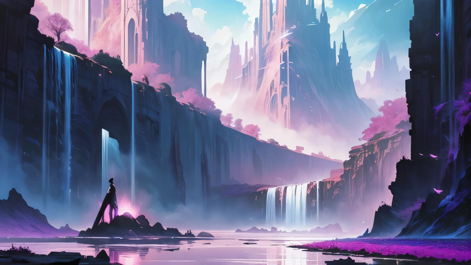 bruce pennington In a dreamlike landscape of floating islands and cascading waterfalls, two men in sleek suits navigate a surreal world filled with vibrant pink and purple flora, their presence a stark contrast to the fantastical surroundings.