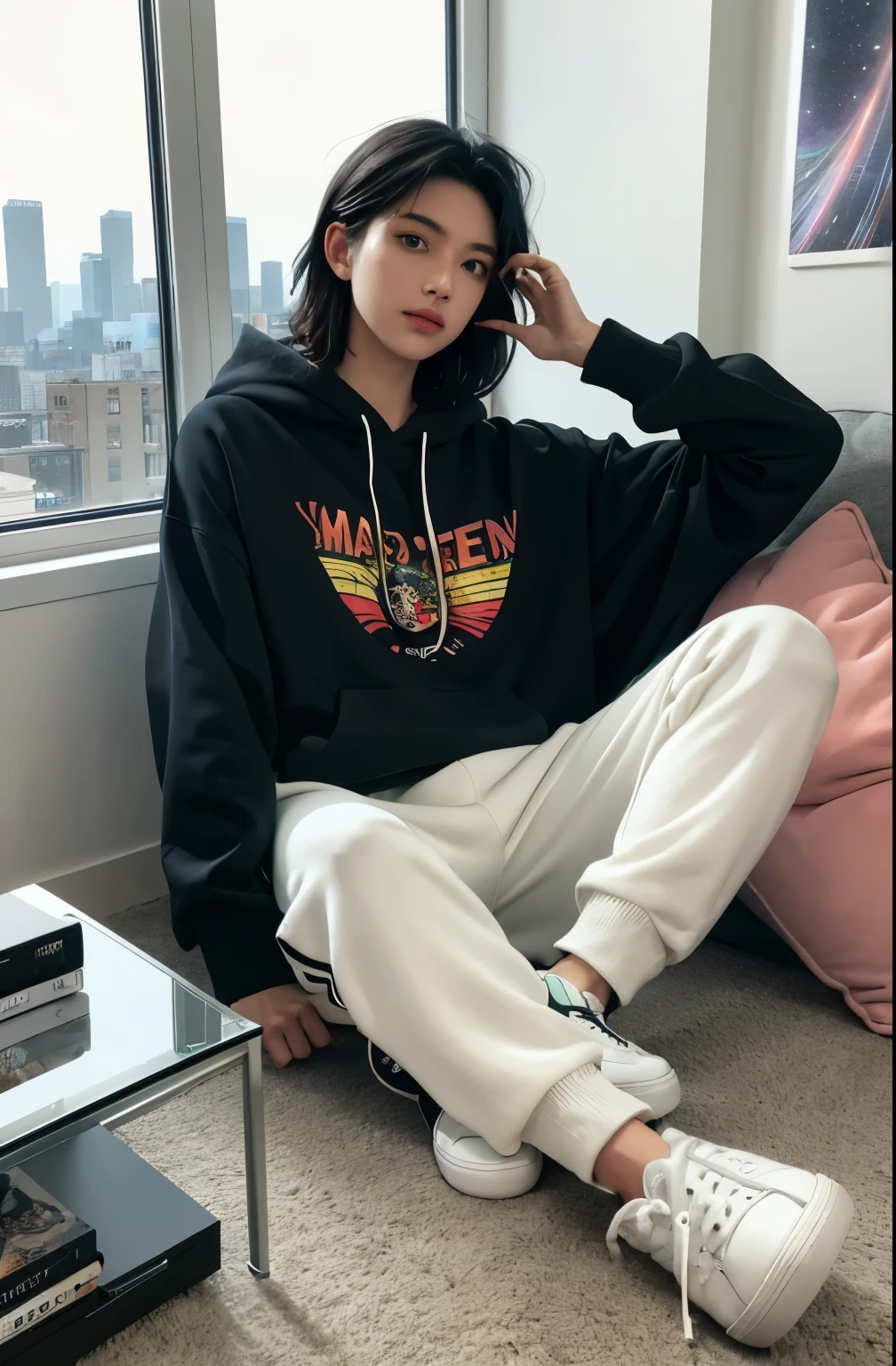 beste-Qualit, 1Woman, solo, Hot, grown up, hair light, deep, Detailed eyes, Cool hair, piercing eyes, the perfect body, 25 years, Sexual, winning, sitting, Window, video game console, Monitor screen, tv set, Videotapes, VCR, earphones, tape recorder, skateboard, electric guitar, cars, View from the window, night city, neon lights, the panorama, a starry sky, galactic, motley, Full color, феерверк, Sofa, Playful, living room, Cosy, cheery, posters, pillows, blankets, lava lamp, a table, chair, cozy atmosphere, bright colours, soft pastels, Plants, Books, novels, Marvel figurines, posters, PICTURES, posters, wall scrolls, Stickers, Ornaments, bed, blankets, pillows, warm blankets, comfortable clothes, casual wear, Hip-hop apparel, hoody, sweatpants, briefs, tshirt, t shirt, ankle socks, sneakers, curvy legs