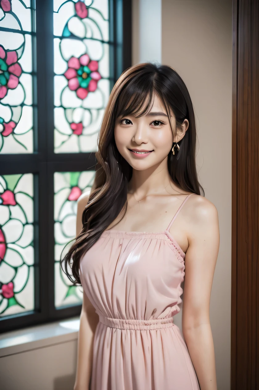 The beauty of 8K raw photos:2.0, Japanese woman, beautiful face and dark eyes, looking down, looking at the viewer:1.5, big smile, wet hair, tiny top, (pink dress:1.2), shinny skin, realistic:1.9, very detailed, full body shot:1.2, High resolution RAW color photos, professional photos, Taken at in front of the rose window, girl sexy portrait