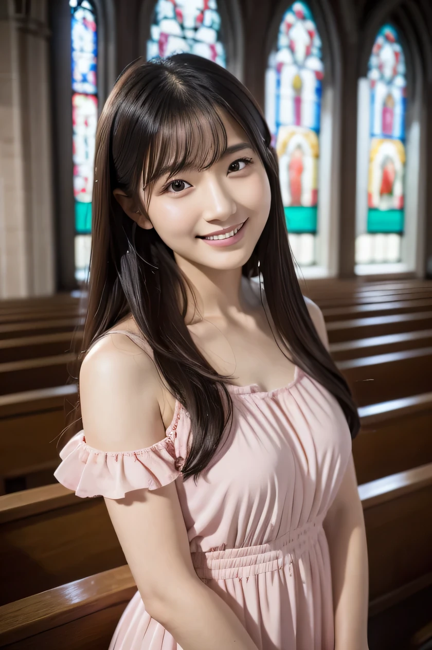 The beauty of 8K raw photos:2.0, Japanese woman, beautiful face and dark eyes, looking down, looking at the viewer:1.5, big smile, wet hair, tiny top, (pink dress:1.2), shinny skin, realistic:1.9, very detailed, full body shot:1.2, High resolution RAW color photos, professional photos, Taken at front of the rose window in church, girl sexy portrait