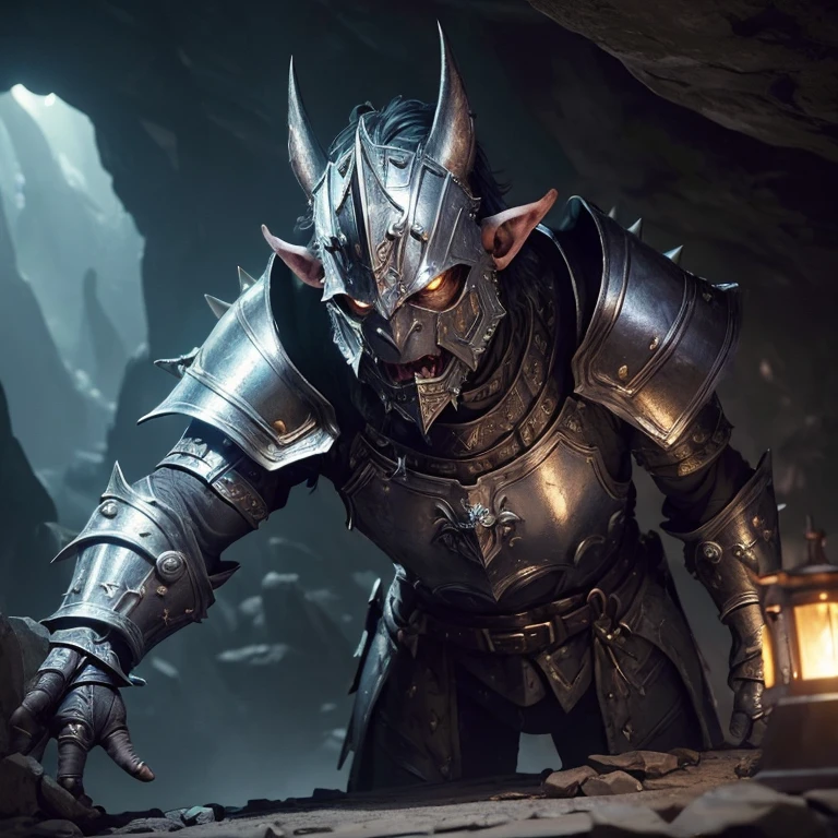 (master piece:1.5), (best quality:1.5), (exquisite lighting and shadow, highly dramatic picture, cinematic lens effect) (Photorealistic picture) (Card game image) 8k, wallpaper, dynamic pose, a ugly shorty goblin with big ears wearing a pointy and damaged paladin silver armor with spikes, cave background, highly detailed, realistic, cinematic lighting, studio quality
