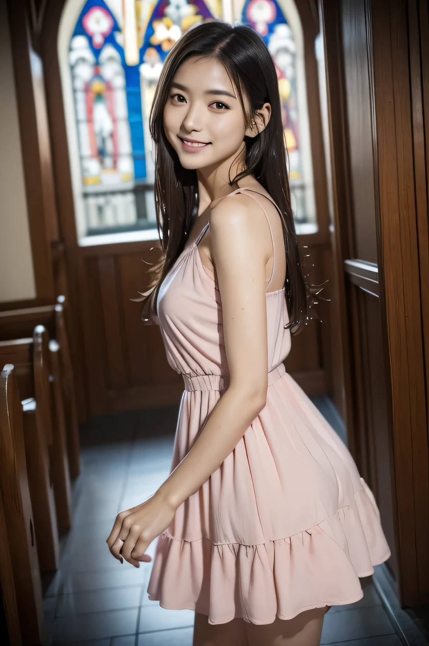 The beauty of 8K raw photos:2.0, Japanese woman, beautiful face and dark eyes, looking down, looking at the viewer:1.5, big smile, wet hair, tiny top, (pink dress:1.2), shinny skin, realistic:1.9, very detailed, full body shot:1.2, High resolution RAW color photos, professional photos, Taken at front of the rose window in church, girl sexy portrait