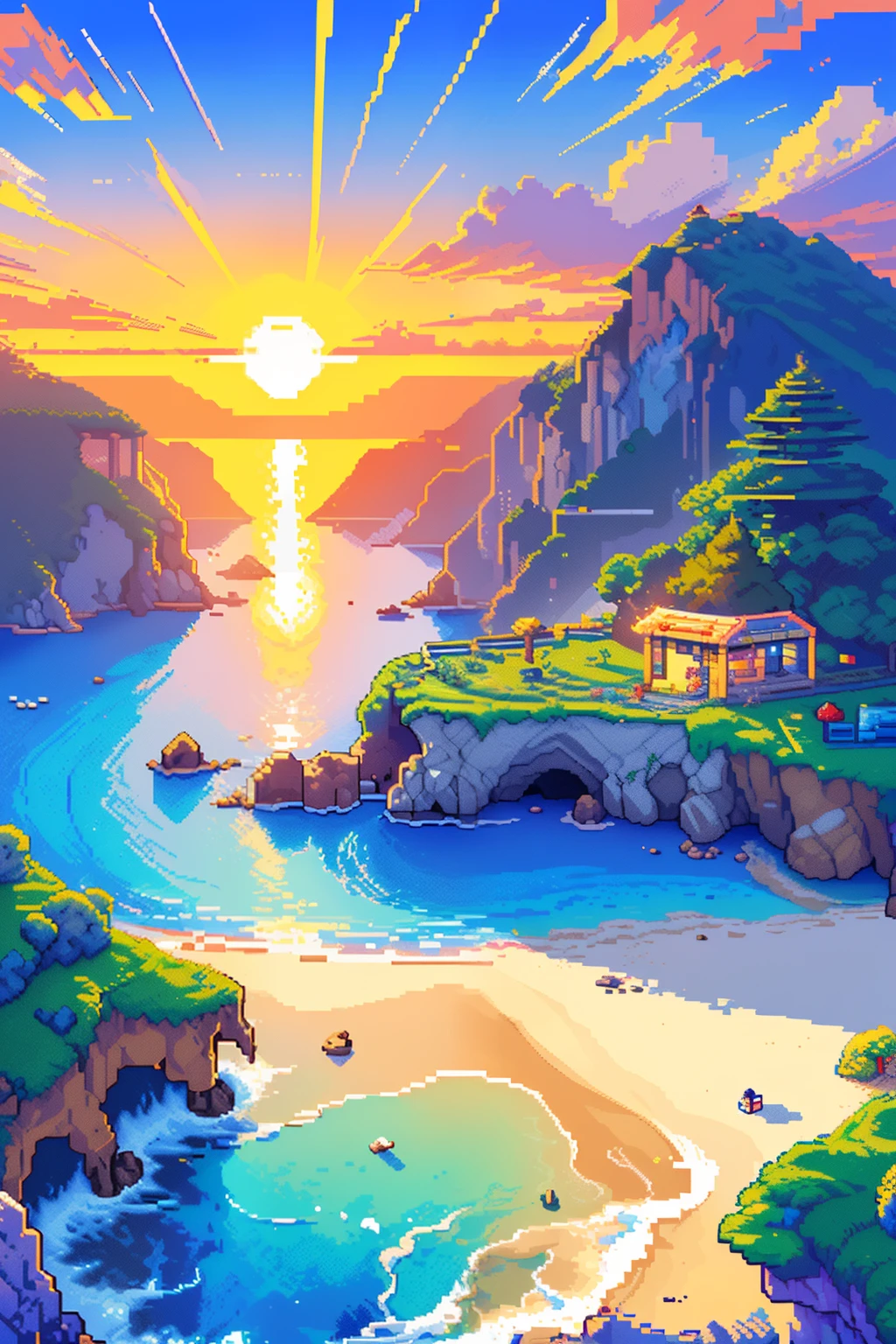 ((16bit pixel art): The gamer's screen comes alive with the bust up of vibrant blues and whites, representing the retro games of the '90s. The image showcases a tranquil beach scenery at sunset, with white clouds gently hovering over the horizon. Each pixel, meticulously placed, adds to the charm of this nostalgic digital canvas. ((16bit pixel art)): A gamer's digital escape unfolds in an intricately designed 16-bit representation of a serene beach scene at sunset, where the warm hues of orange and blue are accentuated by the white clouds hovering above the horizon.