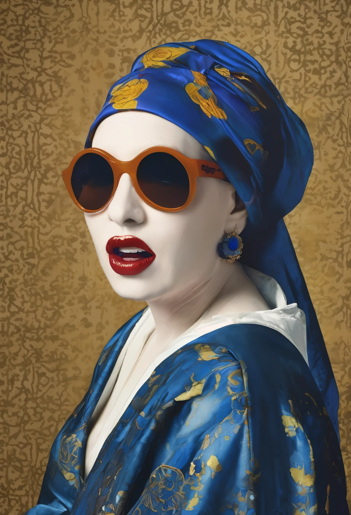 Marilyn Manson as THE GIRL WITH A PEARL EARRING by Johannes Vermeer, Marilyn Manson’s face, has sunglasses on her face, style pop art