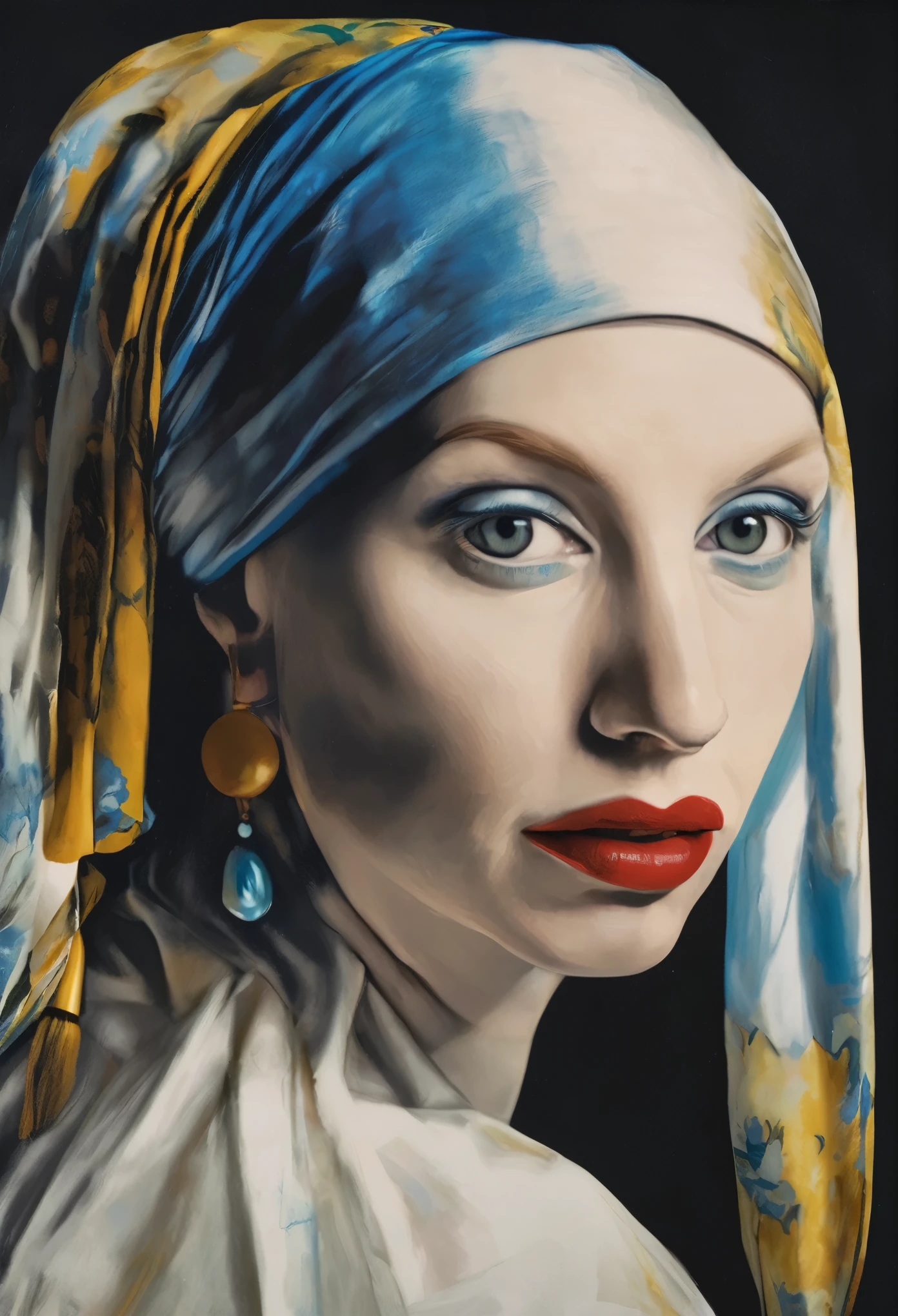 Marilyn Manson as THE GIRL WITH A PEARL EARRING by Johannes Vermeer, Marilyn Manson’s face, has sunglasses on her face, style pop art