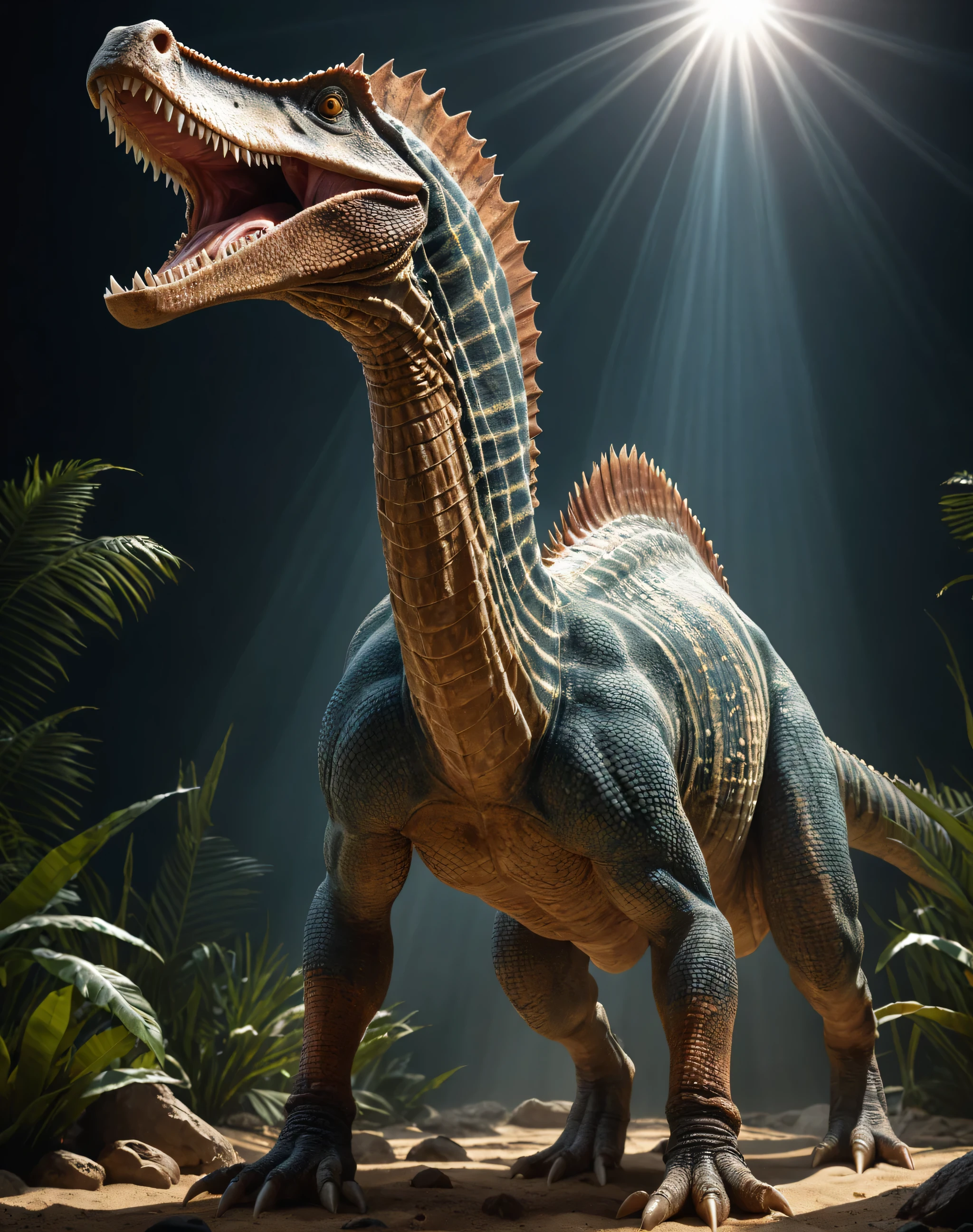 A highly detailed Spinosaurus standing proudly, full body, its scales shimmering under the sunlight, sharp teeth visible as it opens its mouth slightly, Illustration, digital painting with a focus on intricate details, Without background, head of Spinosaurus with hypnotic eyes, walking on hind legs with (short-arms:2)and scales and long neck, large spiney back, award winning photograph + cinematic shot + photos taken by ARRI 65 + incredibly detailed, sharpen, details + professional lighting, photography lighting + 50mm, 80mm, 100m + lightroom gallery + behance photographys + unsplash, global illumination, epic award winning photograph (subsurface scattering:1.3), intracate details, ambient occlusion, global illumination, realism, hyper realistic, hyper detailed