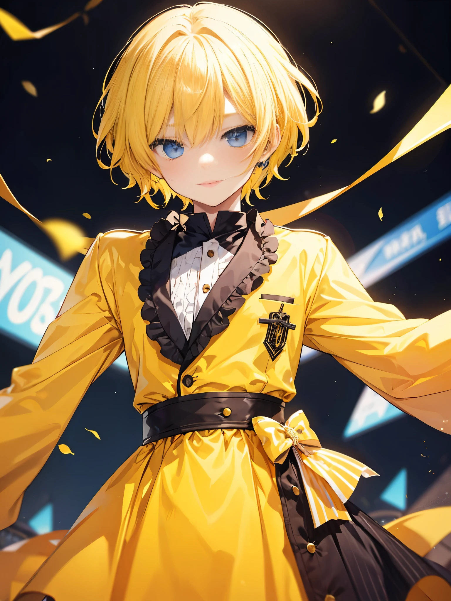 1boy, lemon yellow hair, beautiful boy, blue eyes, dress, idol costume, yellow clothes
