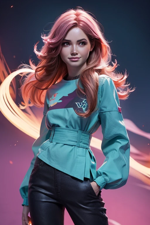 award winning arte digital, retrato de medio cuerpo de una hermosa mujer con una camisa sin mangas de seda rosa y pantalones cargo con un peinado azul marino verde azulado con la cabeza en movimiento y el pelo largo volando, Gran sonrisa, ojos chispeantes, sexy, en un campo de flores, atardecer dorado, dust particles, Brillantina, salpicaduras de pintura, salpicar, outrun, vaporizador, flat shaded illustration, arte digital, tendencia en artstation, Muy detallado, buen detalle, intrincado