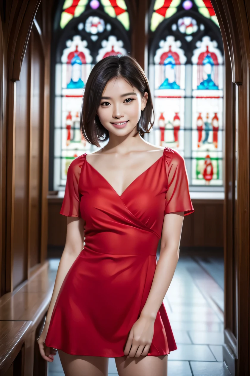 The beauty of 8K raw photos:2.0, Japanese woman, short hair, beautiful face and dark eyes, looking down, looking at the viewer:1.5, big smile, wet hair, tiny top, (red dress:1.2), shinny skin, realistic:1.9, very detailed, full body shot:1.2, High resolution RAW color photos, professional photos, Taken at front of the stained glass in church, girl sexy portrait