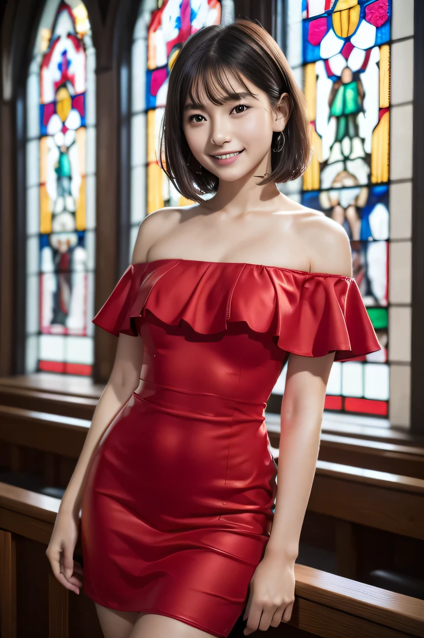 The beauty of 8K raw photos:2.0, Japanese woman, short hair, beautiful face and dark eyes, looking down, looking at the viewer:1.5, big smile, wet hair, tiny top, (red dress:1.2), shinny skin, realistic:1.9, very detailed, full body shot:1.2, High resolution RAW color photos, professional photos, Taken at front of the stained glass in church, girl sexy portrait