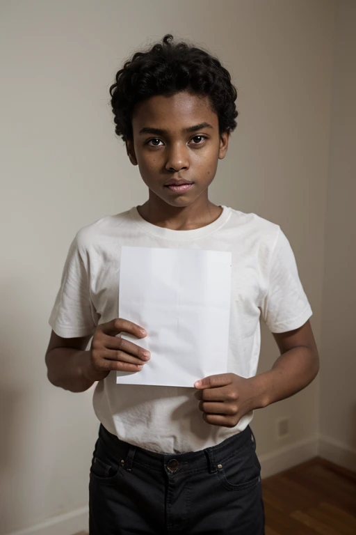 drawing of a dark-skinned boy with lion eyes and short holding a paper
