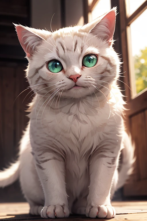 white fur, western cat, green eyes, quality 4k, effect light, effect natural beautiful, cute, macro, fat