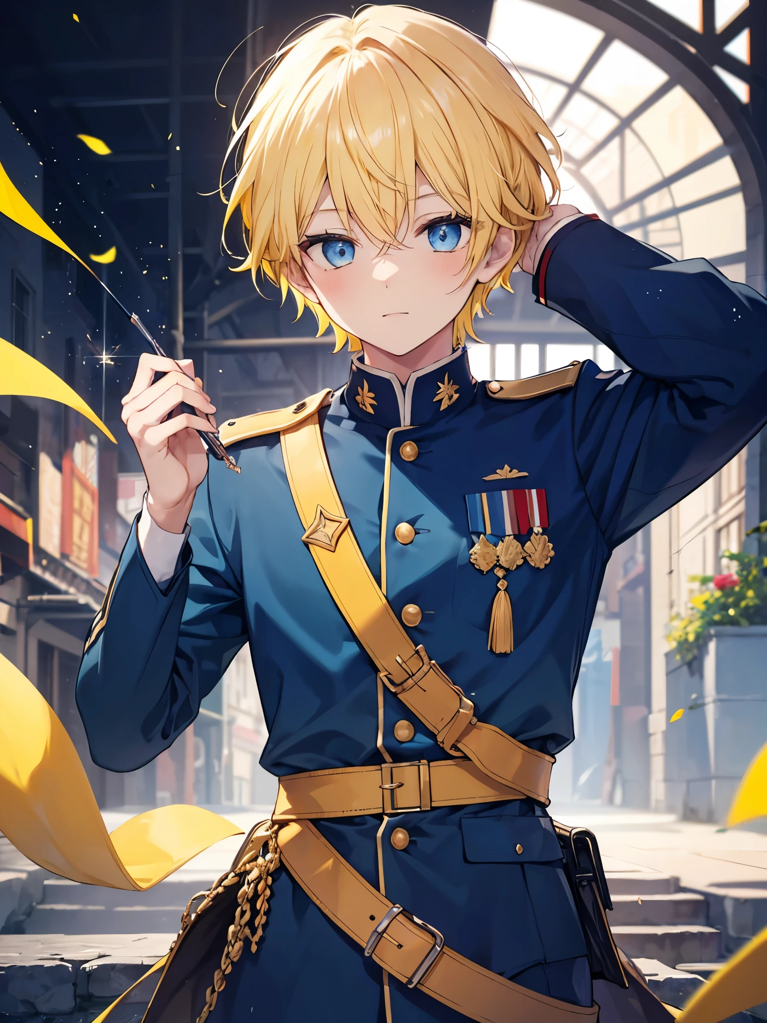 1boy, lemon yellow hair, beautiful boy, blue eyes, military uniform, light blue clothes