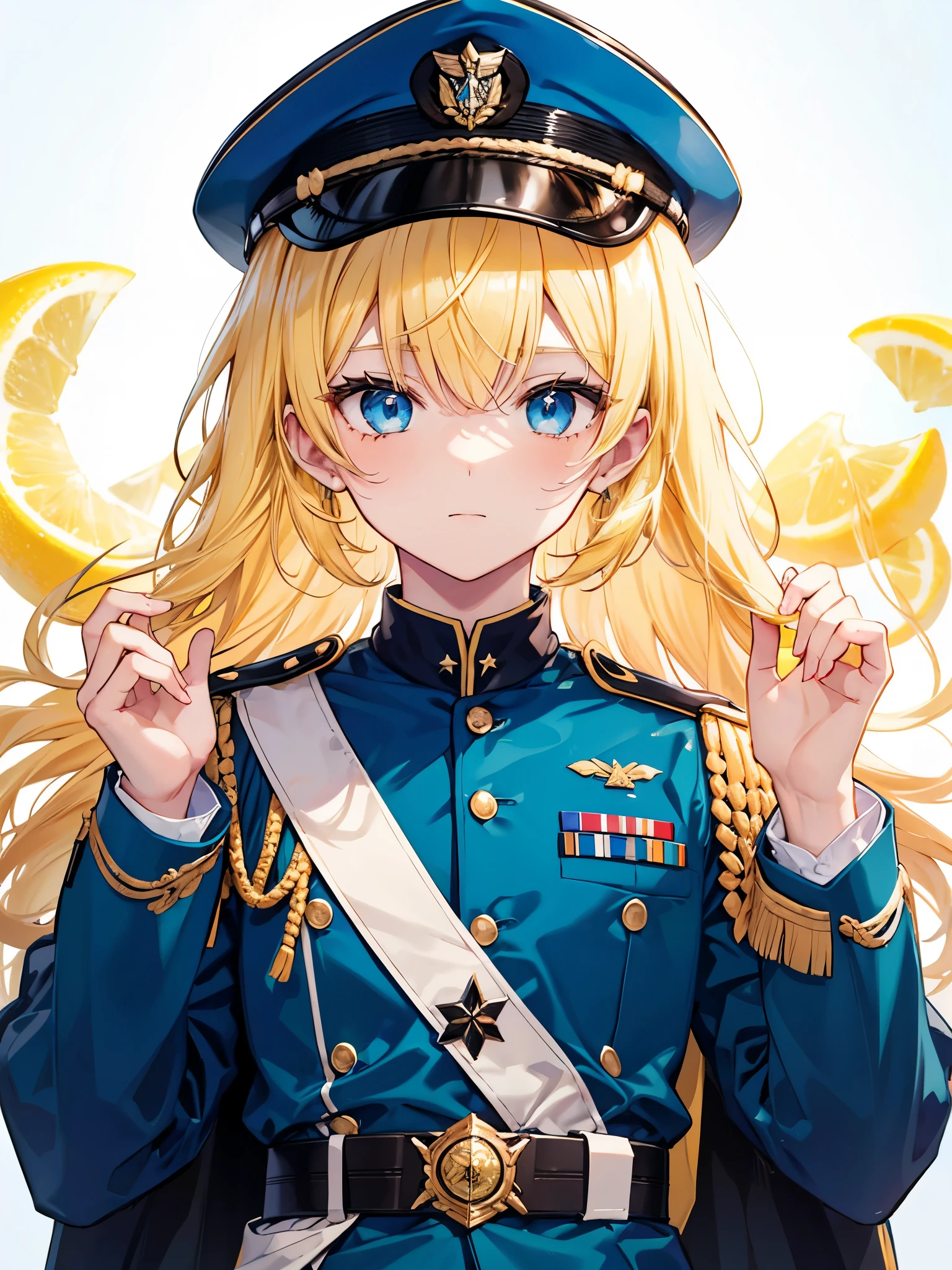 1boy, lemon yellow hair, beautiful boy, blue eyes, military uniform, light blue clothes