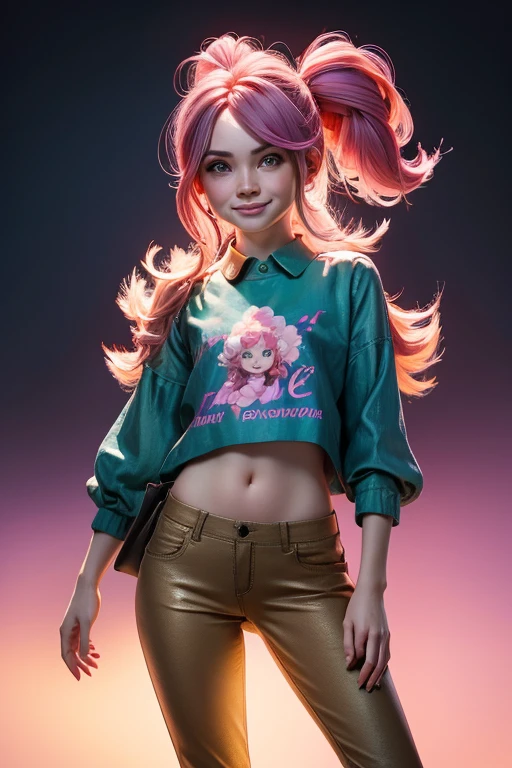 award winning arte digital, retrato de medio cuerpo de una hermosa mujer con una camisa sin mangas de seda rosa y pantalones cargo con un peinado azul marino verde azulado con la cabeza en movimiento y el pelo largo volando, Gran sonrisa, ojos chispeantes, sexy, en un campo de flores, atardecer dorado, dust particles, Brillantina, salpicaduras de pintura, salpicar, outrun, vaporizador, flat shaded illustration, arte digital, tendencia en artstation, Muy detallado, buen detalle, intrincado