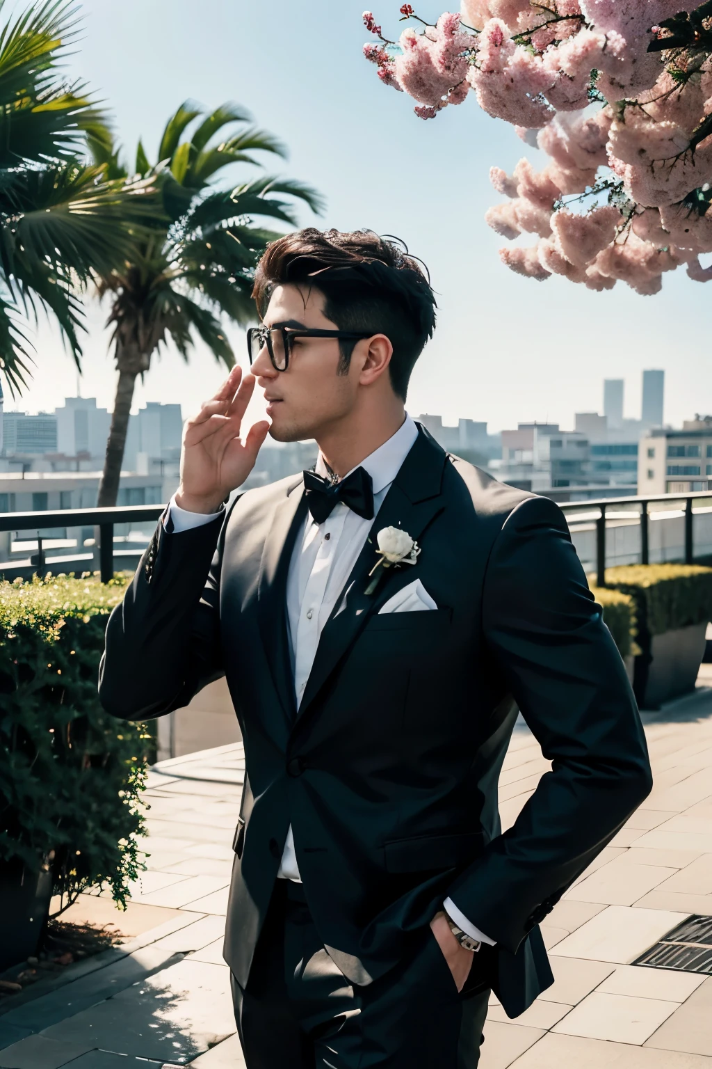 Handsome, muscular sportsman, wearing glasses, groom kissing the groom, see-through suit, wet fabric, blowing, waving, pastel colors, morning light, highly detailed pattern, seashore, splashing water, tall building top, rooftop, strong wind, red flowers, green leaves, small round oranges. Roses, lilacs, large trees, Diospyros buxifolia (Blume), Hiern, paper shoot, bright colored paper.