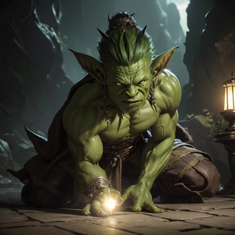 (master piece:1.5), (best quality:1.5), (exquisite lighting and shadow, highly dramatic picture, cinematic lens effect) (Photorealistic picture) (Card game image) 8k, wallpaper, dynamic pose, a ugly shorty light green skin goblin with big ears wearing a pointy and damaged wizard brown tunic with spikes, cave background, highly detailed, realistic, cinematic lighting, studio quality
