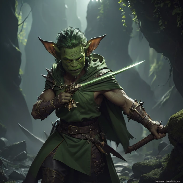 (master piece:1.5), (best quality:1.5), (exquisite lighting and shadow, highly dramatic picture, cinematic lens effect) (Photorealistic picture) (Card game image) 8k, wallpaper, dynamic pose, a ugly shorty light green skin goblin with big ears wearing a pointy and damaged wizard brown tunic with spikes, cave background, highly detailed, realistic, cinematic lighting, studio quality
