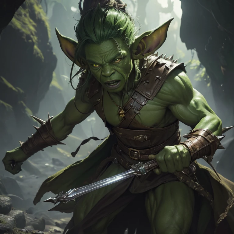 (master piece:1.5), (best quality:1.5), (exquisite lighting and shadow, highly dramatic picture, cinematic lens effect) (Photorealistic picture) (Card game image) 8k, wallpaper, dynamic pose, a ugly shorty light green skin goblin with big ears wearing a pointy and damaged wizard brown tunic with spikes, cave background, highly detailed, realistic, cinematic lighting, studio quality
