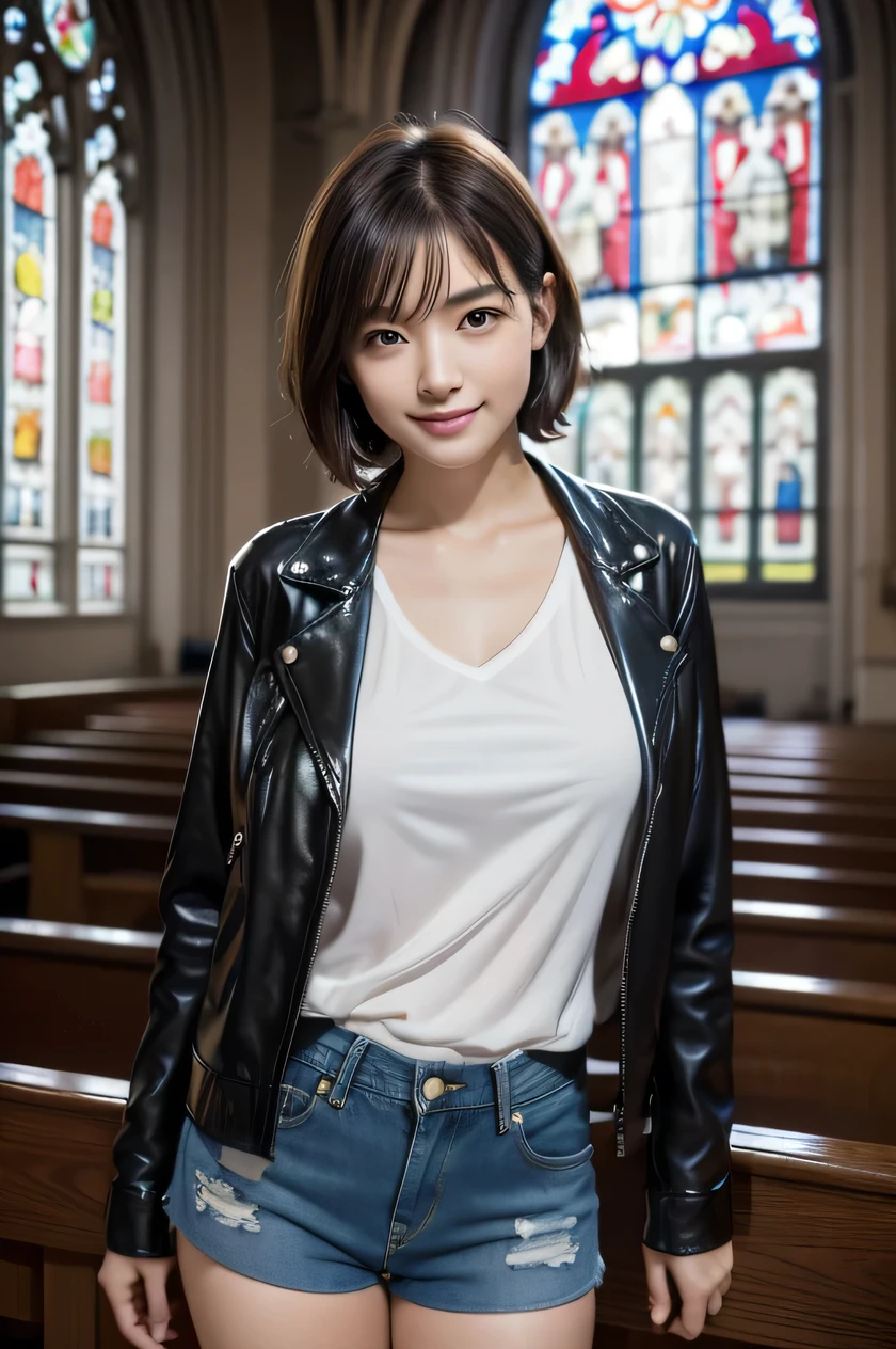 The beauty of 8K raw photos:2.0, Japanese woman, short hair, beautiful face and dark eyes, looking down, looking at the viewer:1.5, big smile, wet hair, tiny top, (leather jacket and denim shorts:1.2), shinny skin, realistic:1.9, very detailed, full body shot:1.2, High resolution RAW color photos, professional photos, Taken at front of the stained glass in church, girl sexy portrait