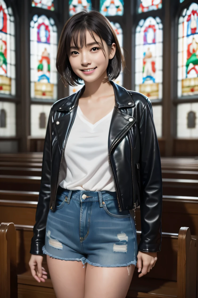 The beauty of 8K raw photos:2.0, Japanese woman, short hair, beautiful face and dark eyes, looking down, looking at the viewer:1.5, big smile, wet hair, tiny top, (leather jacket and denim shorts:1.2), shinny skin, realistic:1.9, very detailed, full body shot:1.2, High resolution RAW color photos, professional photos, Taken at front of the stained glass in church, girl sexy portrait