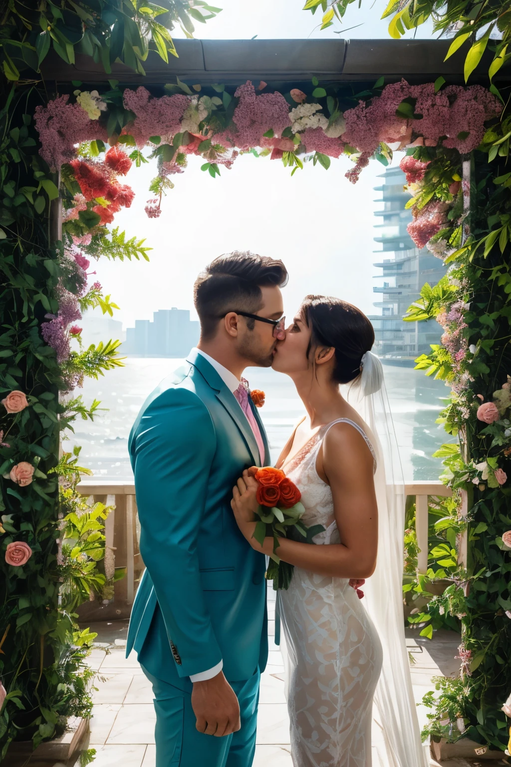 Handsome, muscular sportsman, wearing glasses, groom kissing the groom, see-through suit, wet fabric, blowing, waving, pastel colors, morning light, highly detailed pattern, seashore, splashing water, tall building top, rooftop, strong wind, red flowers, green leaves, small round oranges. Roses, lilacs, large trees, Diospyros buxifolia (Blume), Hiern, paper shoot, bright colored paper.