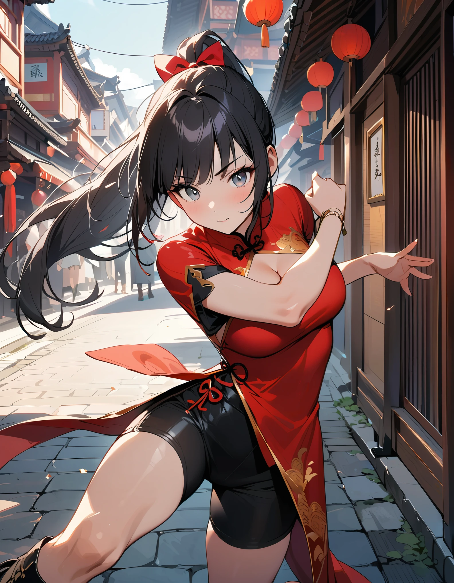 best quality, masterpiece, highres, wuxia, 1girl, solo, solo focus, (black hair, long hair, ponytail), grey eyes, red china dress, red bow, black biker shorts, beautiful detailed eyes, beautiful detailed face, cute face, super gorgeous hair, kung-fu fight, boots, full body shot, chinatown street backdrop