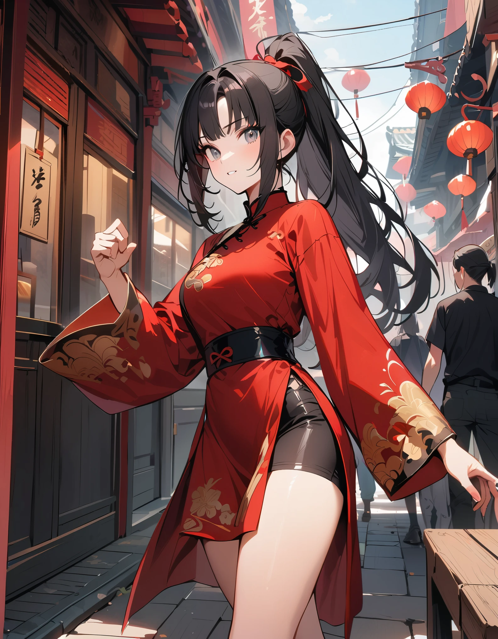 best quality, masterpiece, highres, wuxia, 1girl, solo, solo focus, (black hair, long hair, ponytail), grey eyes, red china dress, red bow, black biker shorts, beautiful detailed eyes, beautiful detailed face, cute face, super gorgeous hair, kung-fu fight, boots, full body shot, chinatown street backdrop