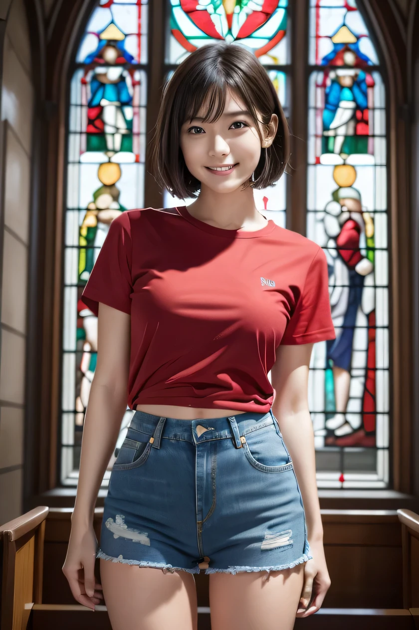 The beauty of 8K raw photos:2.0, Japanese woman, short hair, beautiful face and dark eyes, looking down, looking at the viewer:1.5, big smile, wet hair, tiny top, (red shirt and denim shorts:1.2), shinny skin, realistic:1.9, very detailed, full body shot:1.2, High resolution RAW color photos, professional photos, Taken at front of the stained glass in church, girl sexy portrait